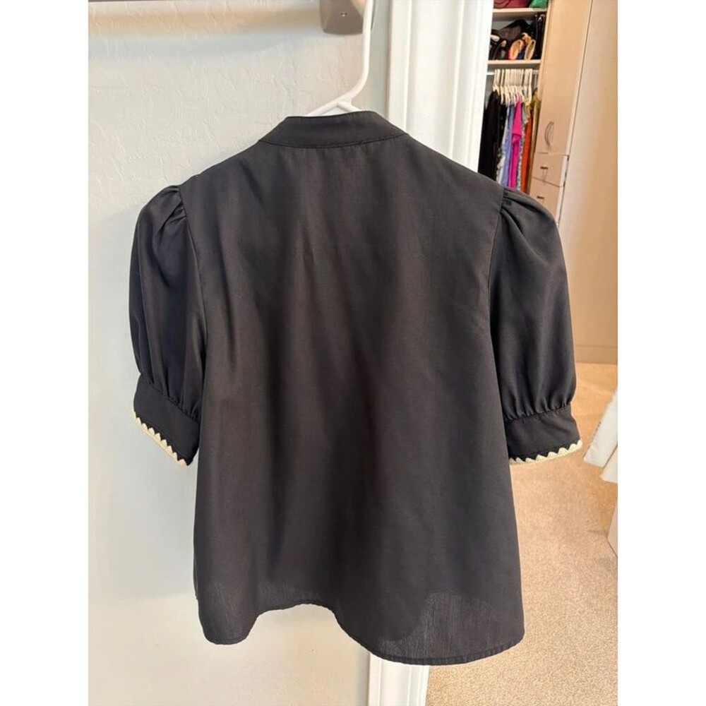 Entro Women’s Black Crochet Trim Ruffle Top, Size S, Button Front, Puff Sleeve - Picture 2 of 3
